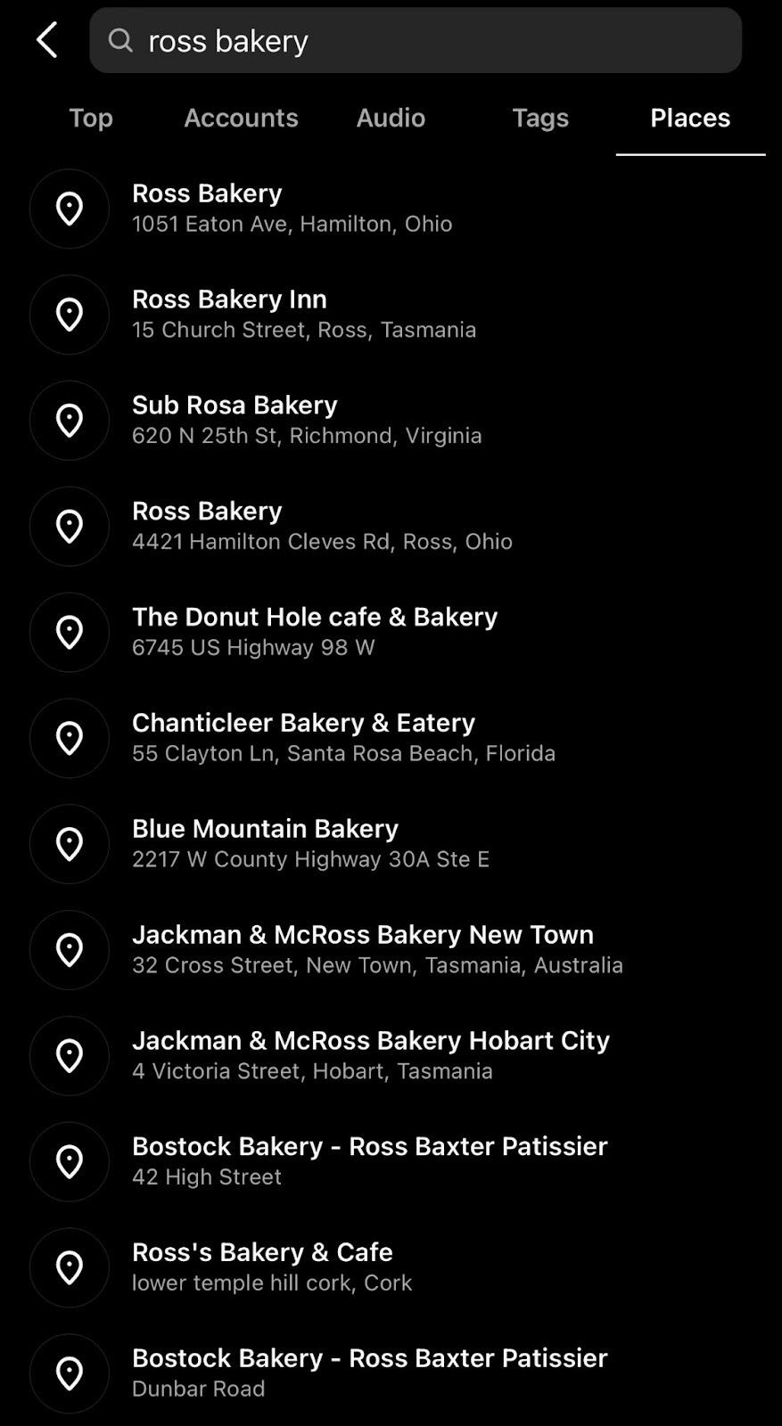 اسکرین شات از "نانوایی راس" ظاهر جستجوی مکان